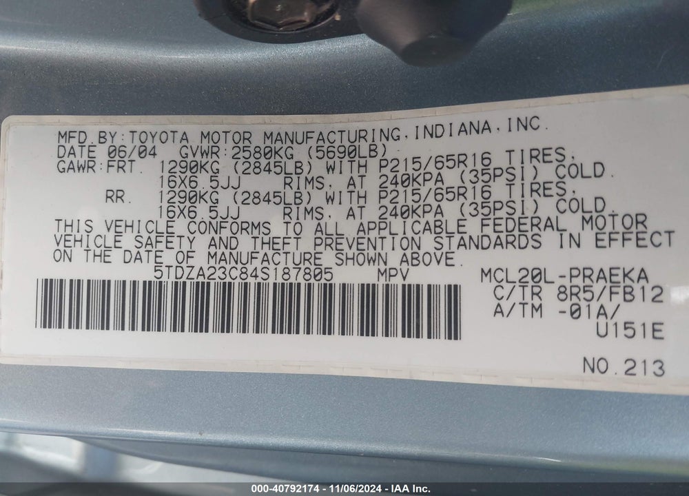 2004 TOYOTA SIENNA LE VIN: 5TDZA23C84S187805