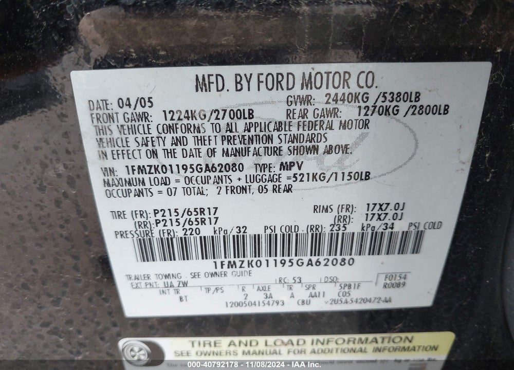 2005 FORD FREESTYLE SE VIN: 1FMZK01195GA62080