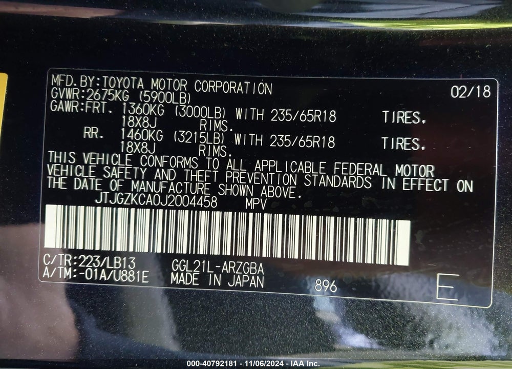 2018 LEXUS RX 350L PREMIUM VIN: JTJGZKCA0J2004458
