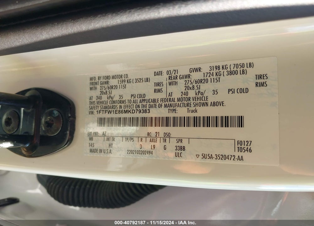 2021 FORD F-150 LARIAT VIN: 1FTFW1E86MKD79383