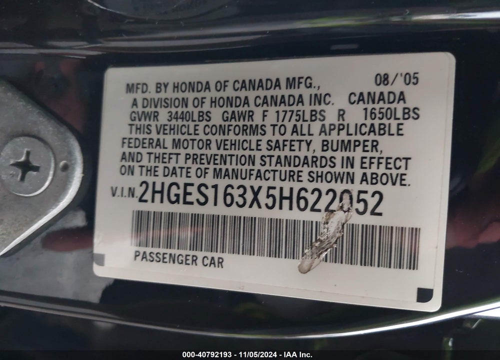 2005 HONDA CIVIC VP VIN: 2HGES163X5H622052