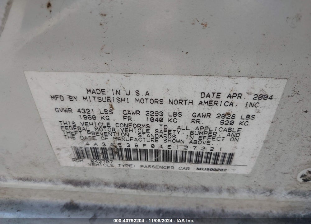 2004 MITSUBISHI GALANT ES VIN: 4A3AB36F04E127221