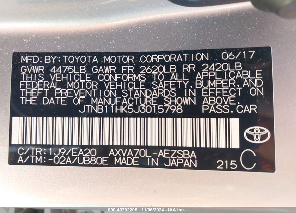 2018 TOYOTA CAMRY SE VIN: JTNB11HK5J3015798