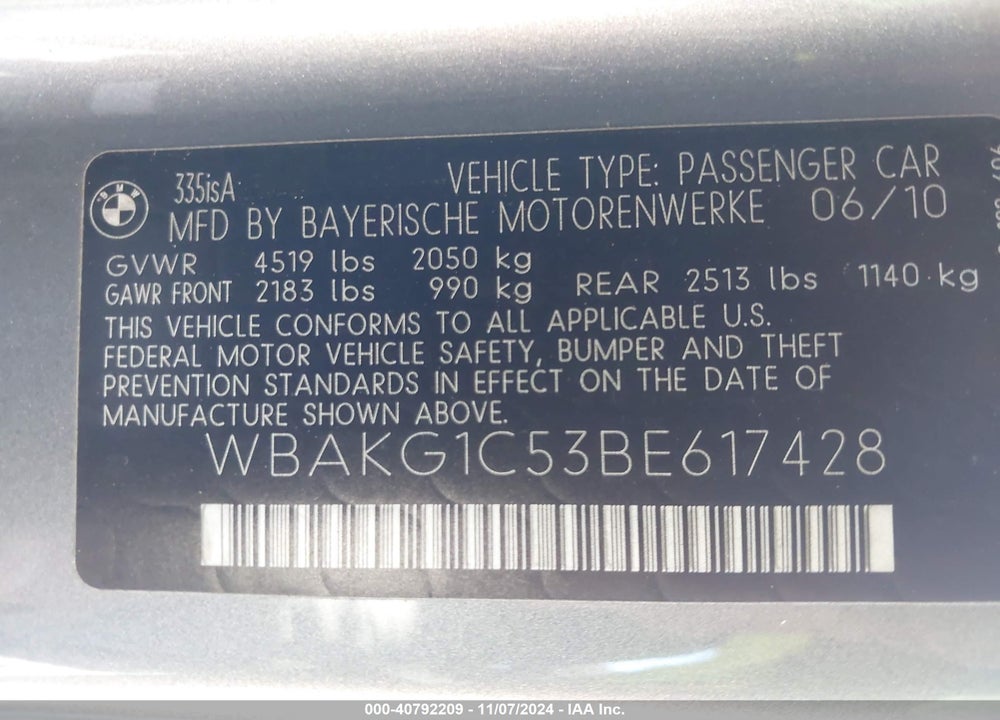 2011 BMW 335IS VIN: WBAKG1C53BE617428