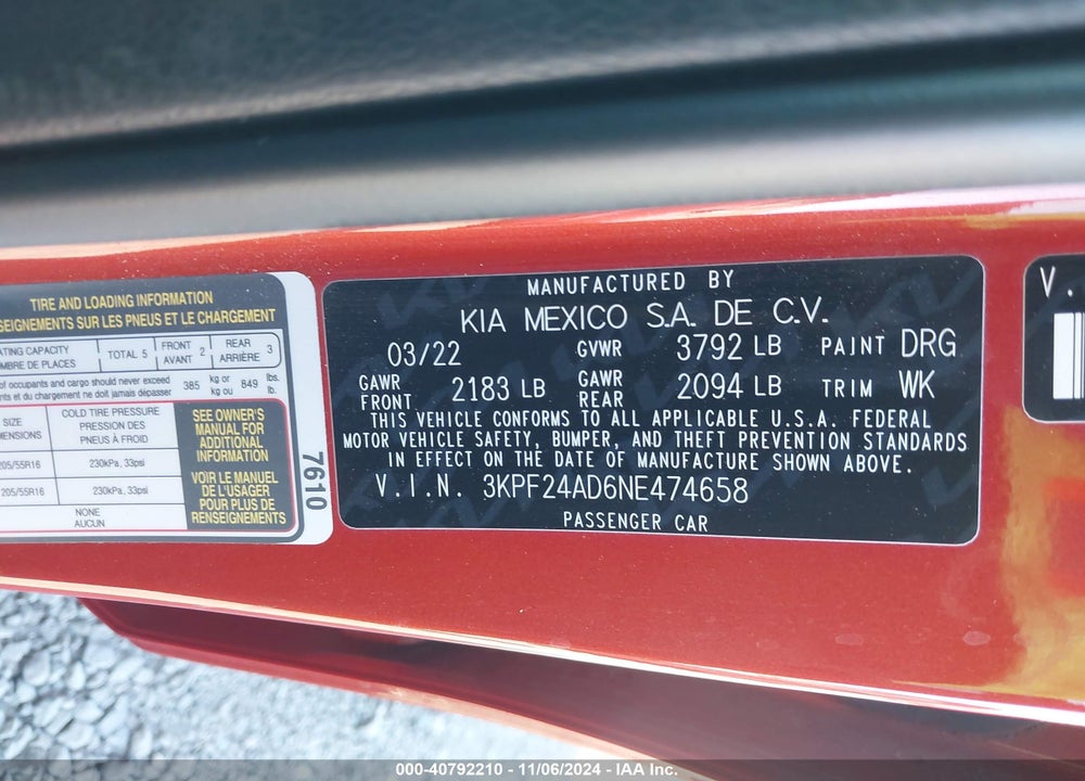 2022 KIA FORTE LXS VIN: 3KPF24AD6NE474658