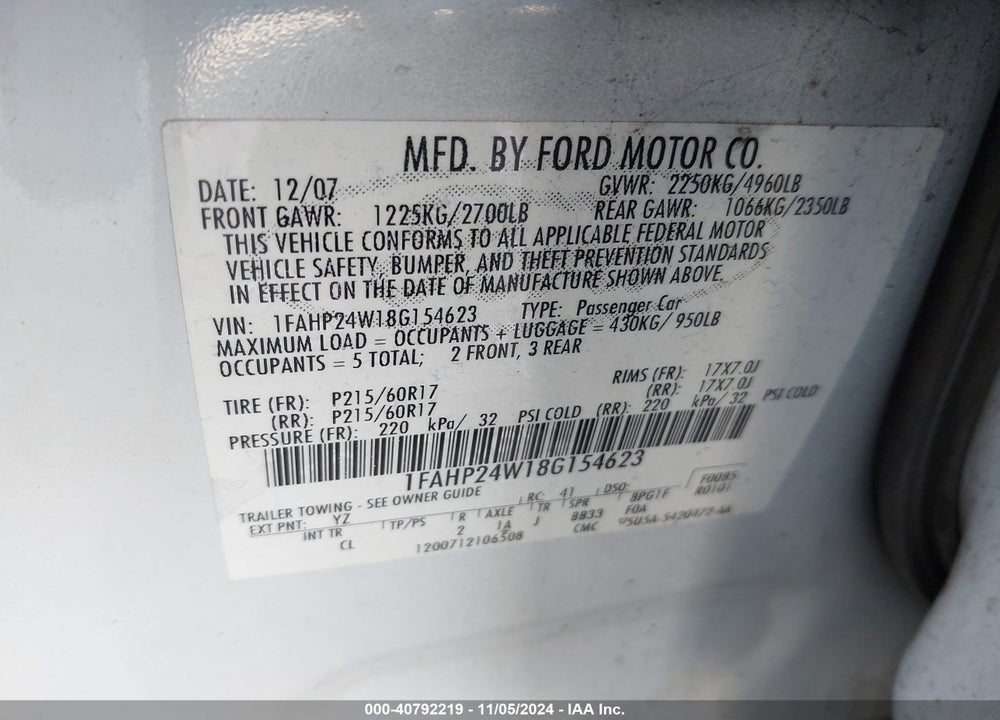 2008 FORD TAURUS SEL VIN: 1FAHP24W18G154623