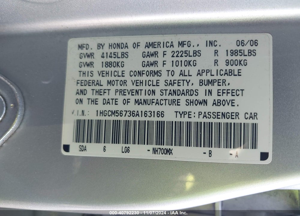 2006 HONDA ACCORD 2.4 EX VIN: 1HGCM56736A163166