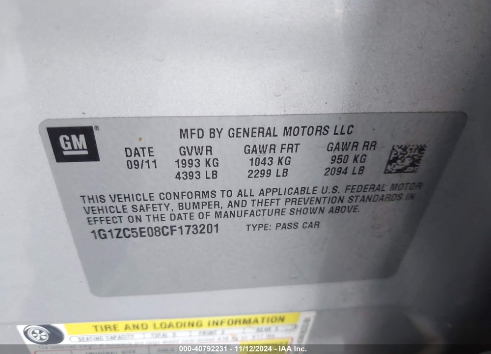 2012 CHEVROLET MALIBU 1LT VIN: 1G1ZC5E08CF173201