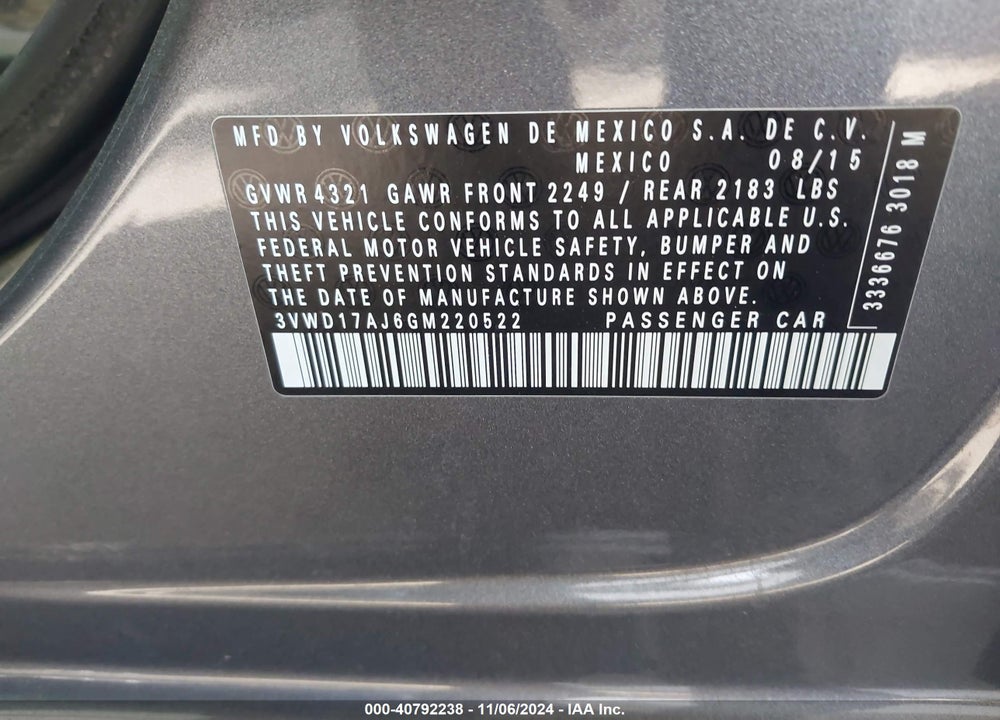2016 VOLKSWAGEN JETTA 1.8T SPORT VIN: 3VWD17AJ6GM220522