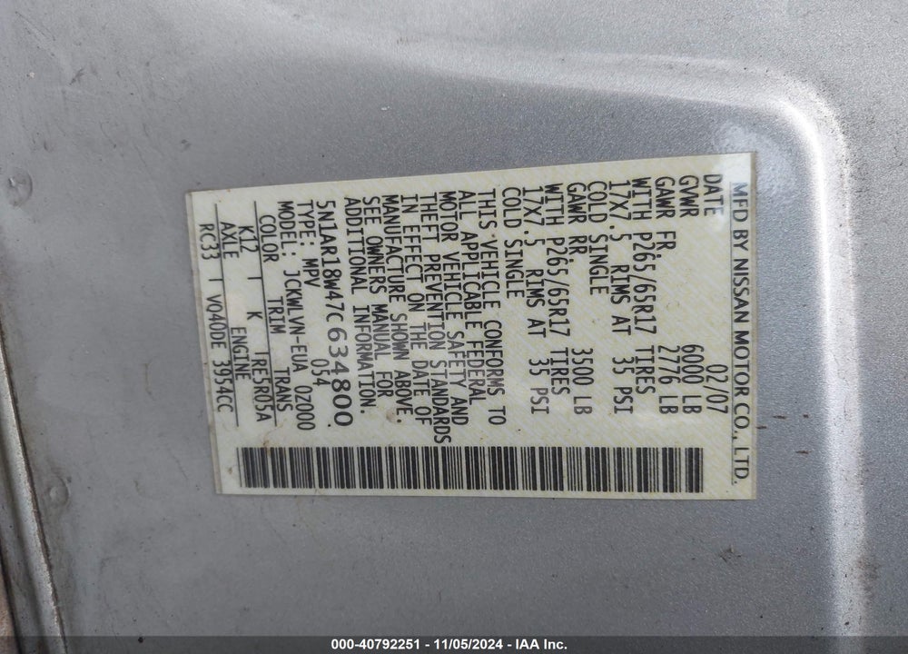 2007 NISSAN PATHFINDER LE VIN: 5N1AR18W47C634800