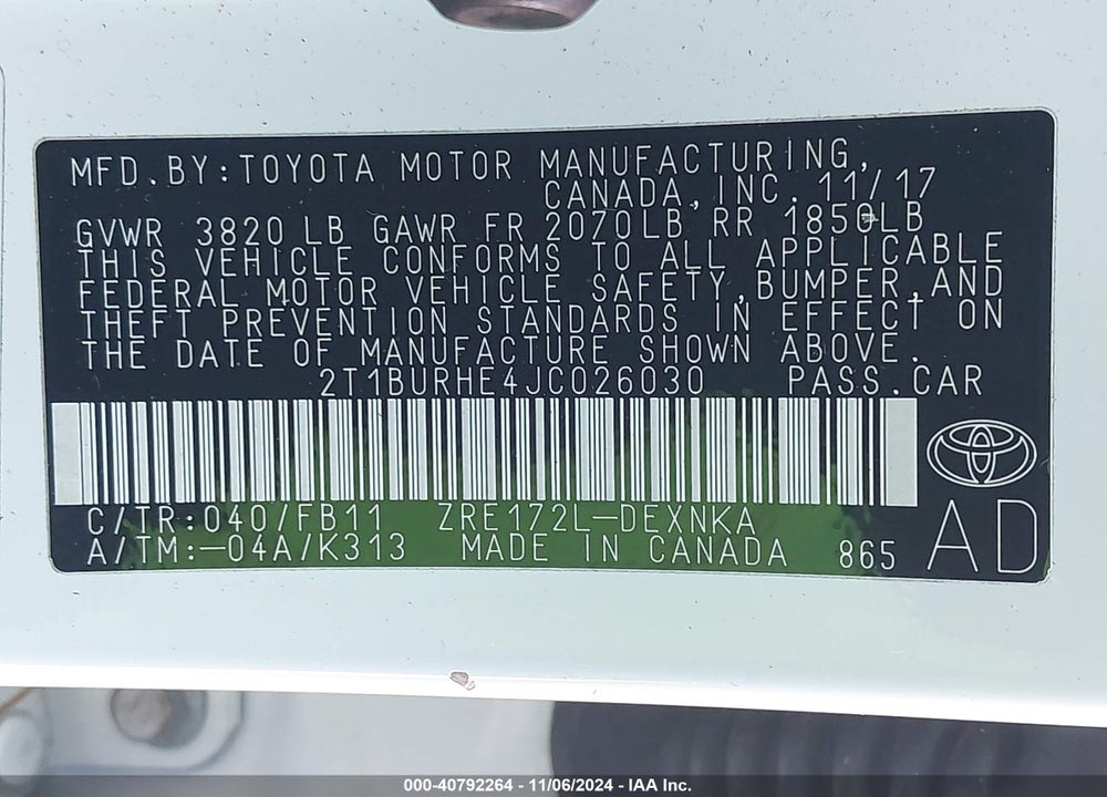 2018 TOYOTA COROLLA VIN: 2T1BURHE4JC026030