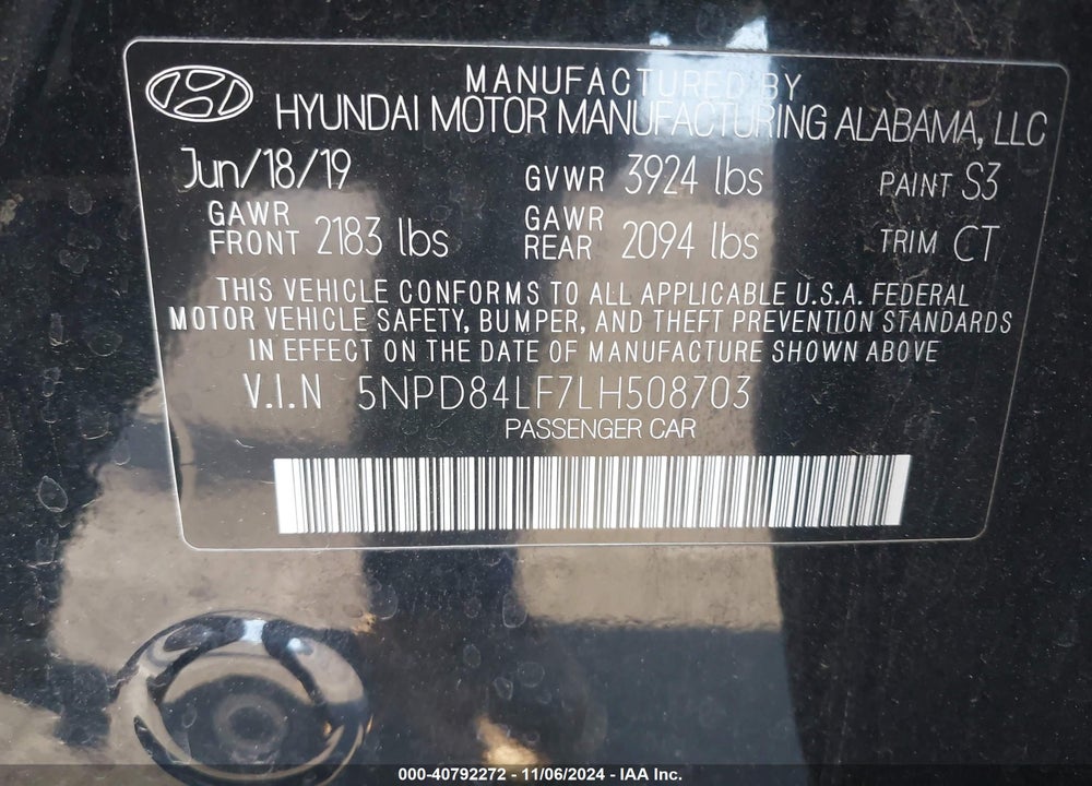 2020 HYUNDAI ELANTRA SEL VIN: 5NPD84LF7LH508703