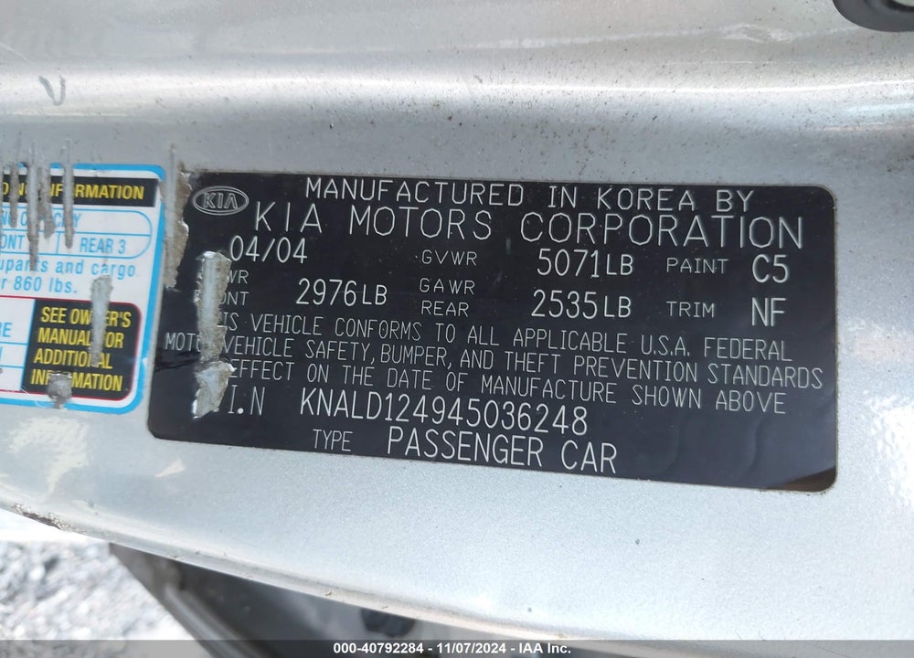 2004 KIA AMANTI BASE (A5) VIN: KNALD124945036248