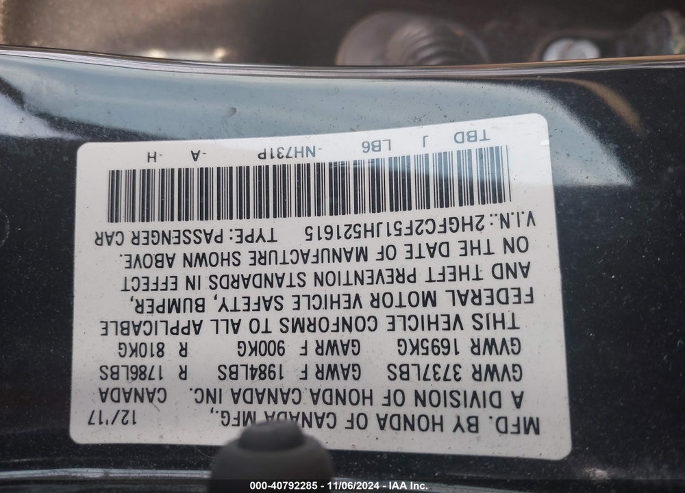 2018 HONDA CIVIC LX VIN: 2HGFC2F51JH521615