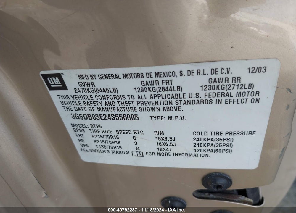 2004 BUICK RENDEZVOUS CX VIN: 3G5DB03E24S556805