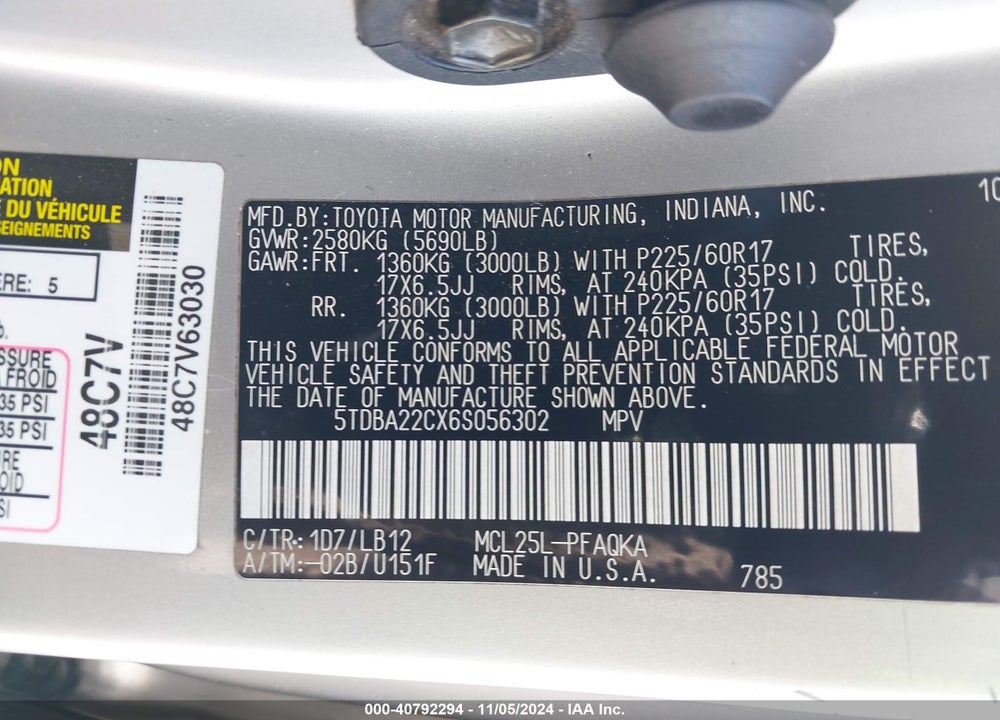 2006 TOYOTA SIENNA XLE LIMITED VIN: 5TDBA22CX6S056302