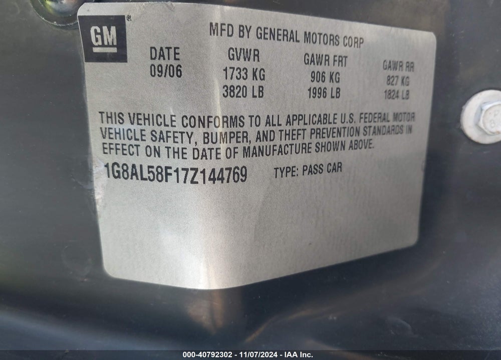 2007 SATURN ION 3 VIN: 1G8AL58F17Z144769