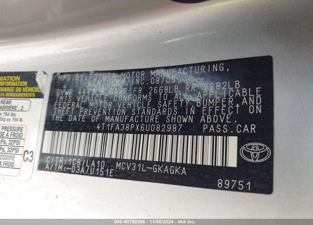 2006 TOYOTA CAMRY SOLARA SLE VIN: 4T1FA38PX6U082987