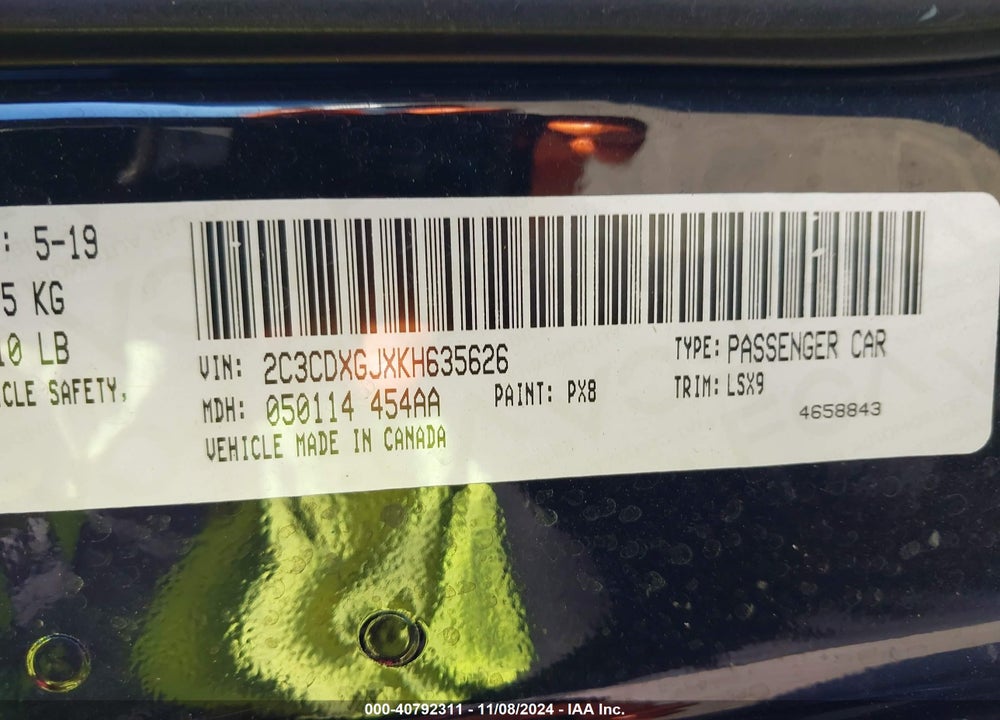2019 DODGE CHARGER SCAT PACK RWD VIN: 2C3CDXGJXKH635626