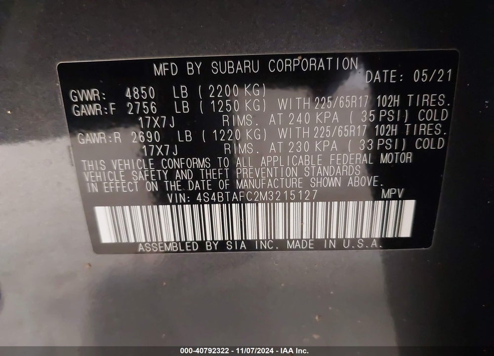 2021 SUBARU OUTBACK PREMIUM VIN: 4S4BTAFC2M3215127
