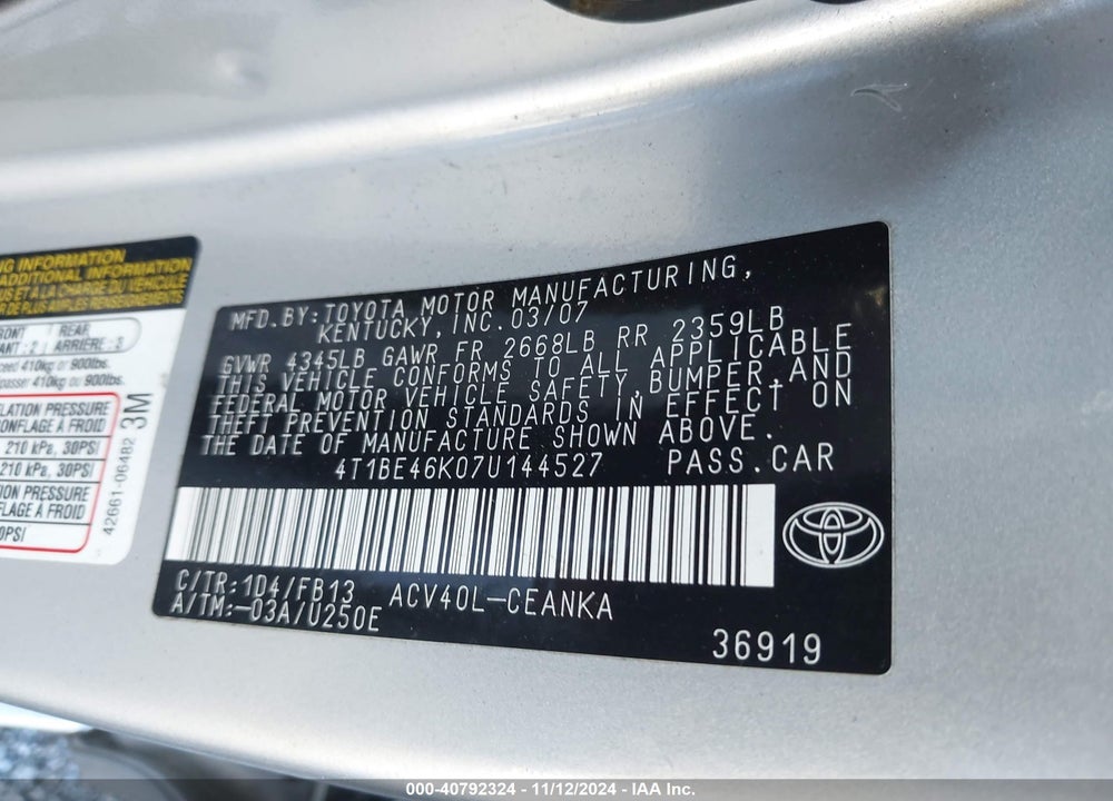 2007 TOYOTA CAMRY LE VIN: 4T1BE46K07U144527