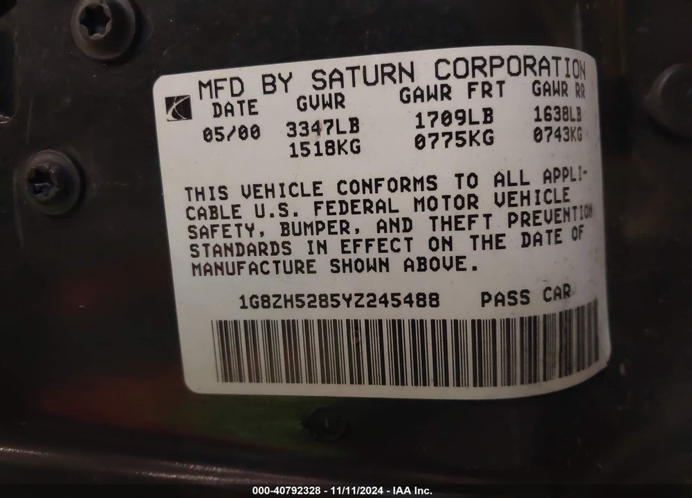 2000 SATURN SL1 VIN: 1G8ZH5285YZ245488