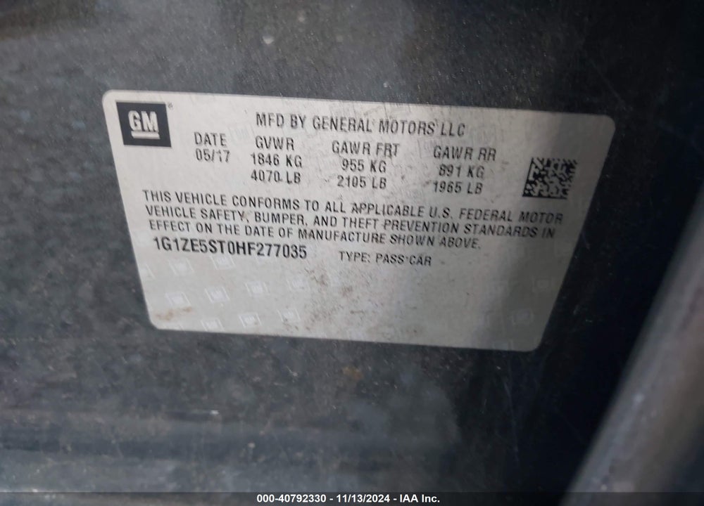 2017 CHEVROLET MALIBU 1LT VIN: 1G1ZE5ST0HF277035