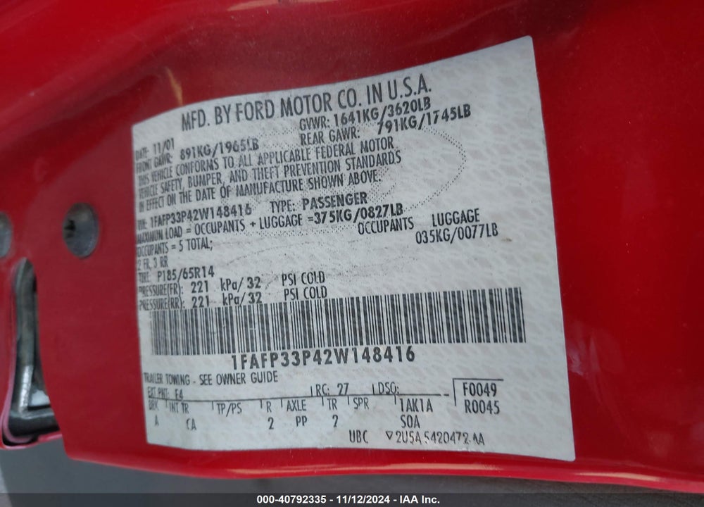 2002 FORD FOCUS LX VIN: 1FAFP33P42W148416