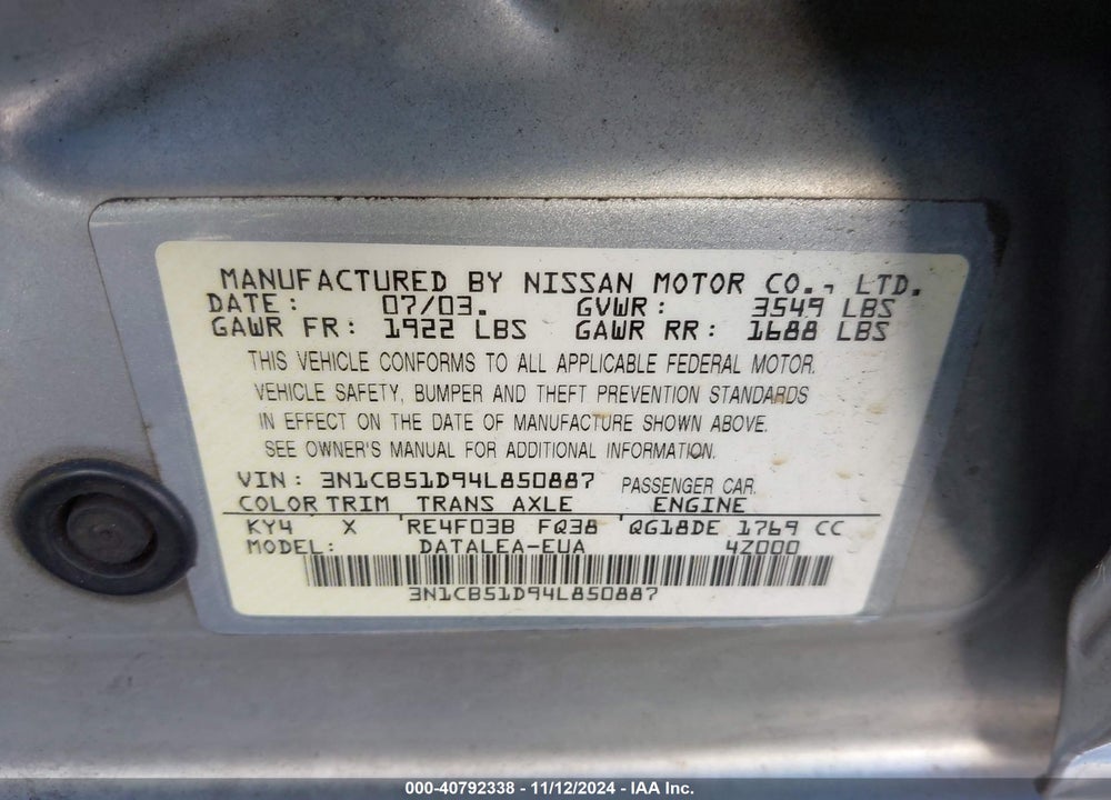2004 NISSAN SENTRA 1.8S VIN: 3N1CB51D94L850887