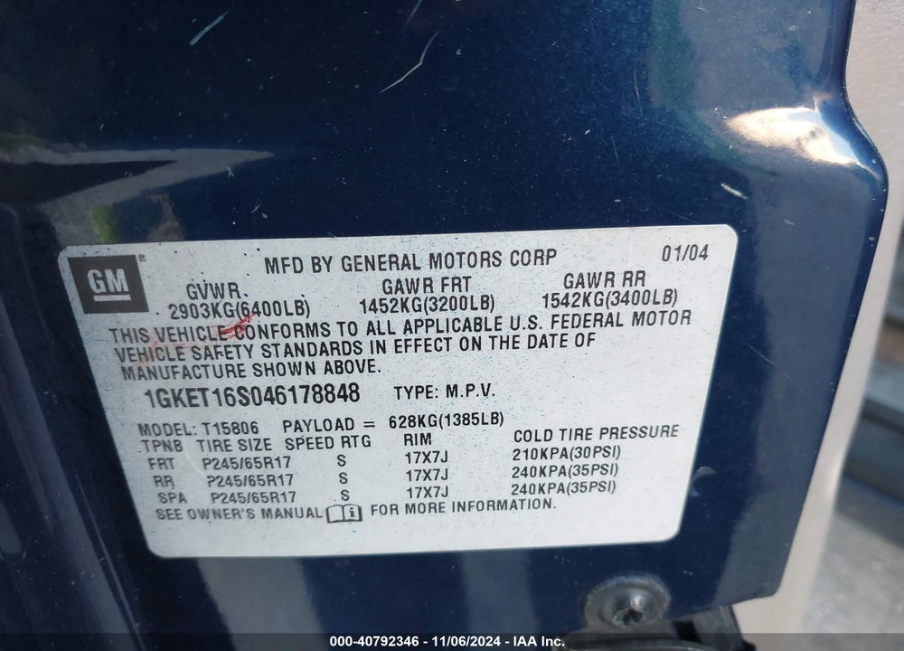 2004 GMC ENVOY XL SLE VIN: 1GKET16S046178848