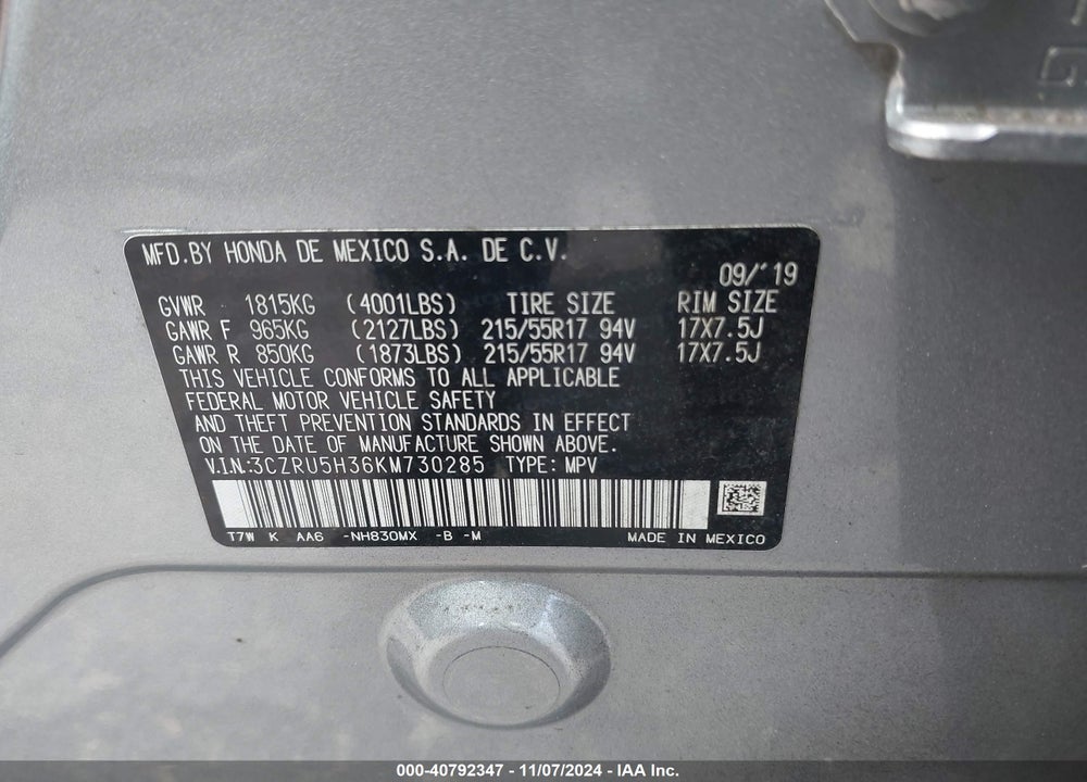 2019 HONDA HR-V LX VIN: 3CZRU5H36KM730285