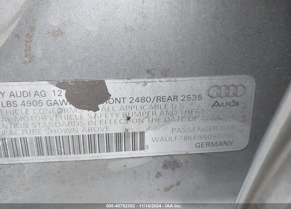 2009 AUDI A4 2.0T PREMIUM VIN: WAULF78K69N050750