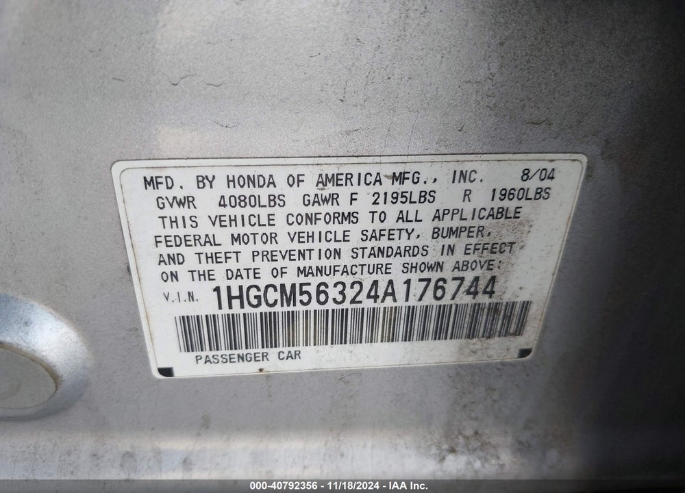 2004 HONDA ACCORD SDN LX VIN: 1HGCM56324A176744