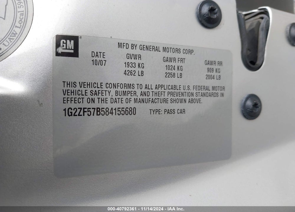 2008 PONTIAC G6 VALUE LEADER VIN: 1G2ZF57B584155680