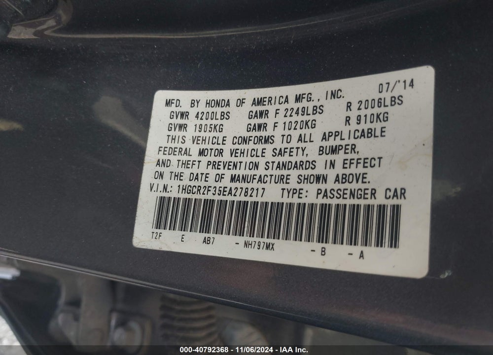 2014 HONDA ACCORD LX VIN: 1HGCR2F35EA278217