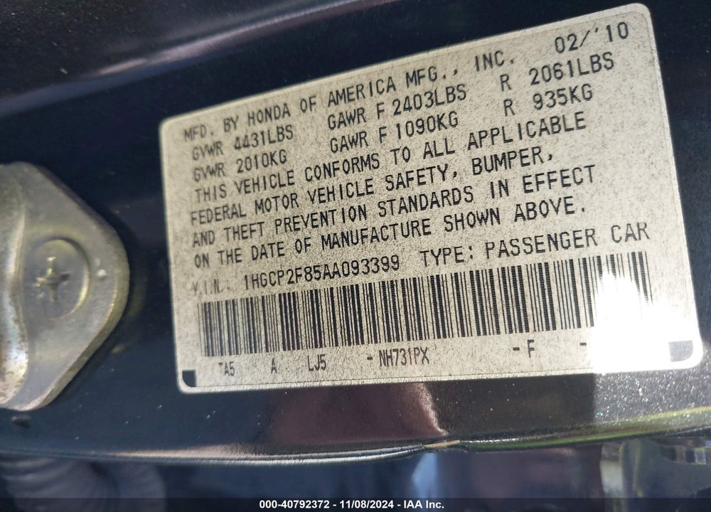 2010 HONDA ACCORD SDN VIN: 1HGCP2F85AA093399