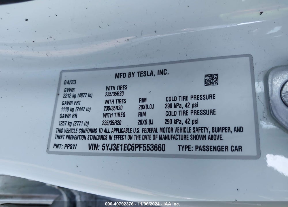 2023 TESLA MODEL 3 PERFORMANCE DUAL MOTOR ALL-WHEEL DRIVE VIN: 5YJ3E1EC6PF553660
