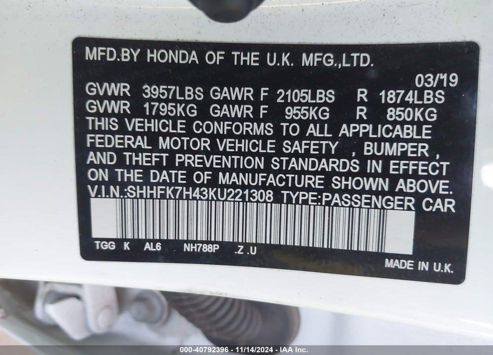 2019 HONDA CIVIC SPORT VIN: SHHFK7H43KU221308