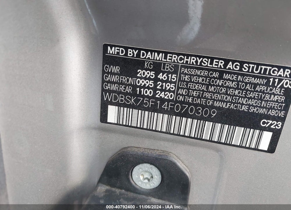 2004 MERCEDES-BENZ SL-CLASS BASE (A7) VIN: WDBSK75F14F070309