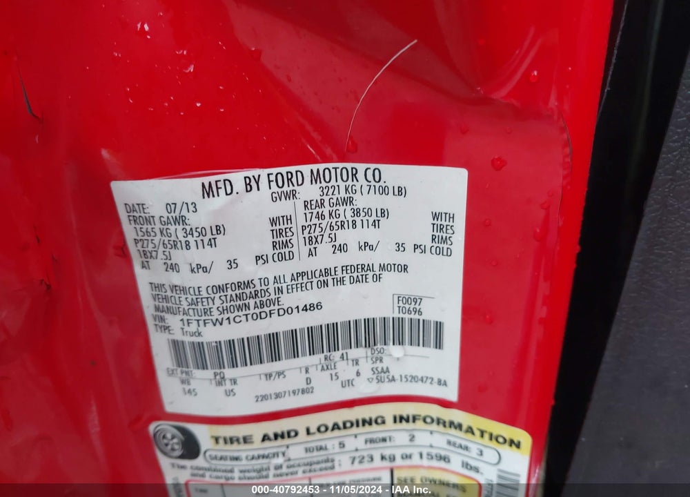 2013 FORD F-150 XLT VIN: 1FTFW1CT0DFD01486