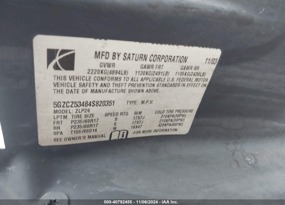 2004 SATURN VUE V6 VIN: 5GZCZ53484S820351