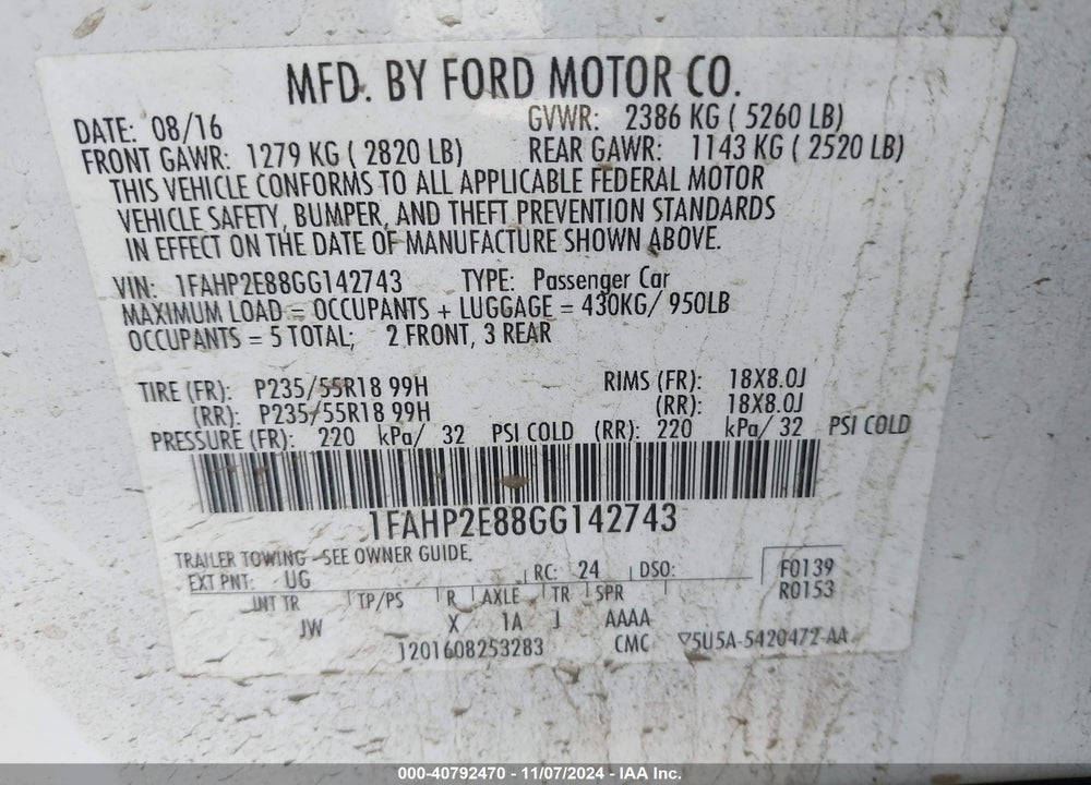 2016 FORD TAURUS SEL VIN: 1FAHP2E88GG142743