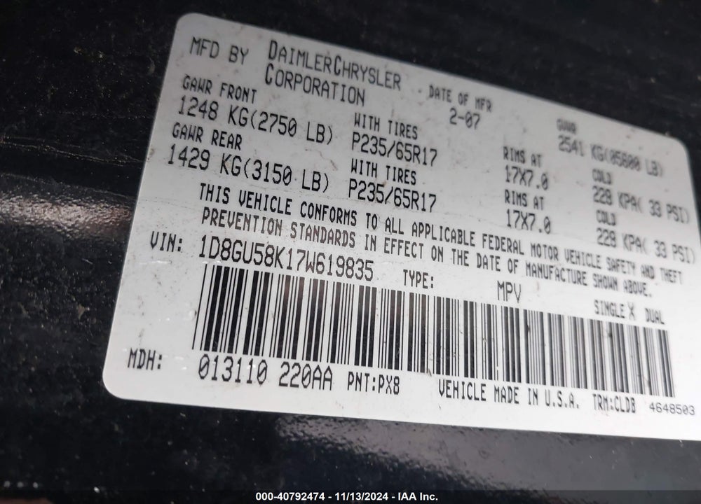 2007 DODGE NITRO SLT/RT VIN: 1D8GU58K17W619835