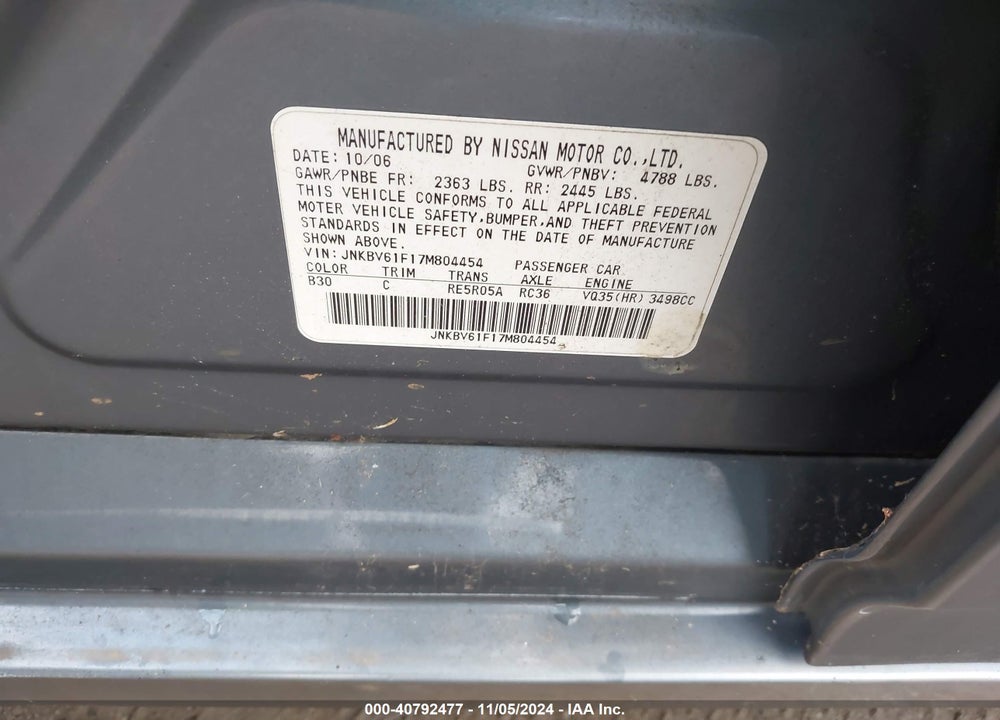 2007 INFINITI G35X VIN: JNKBV61F17M804454