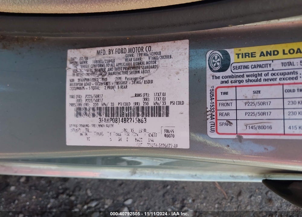 2008 FORD FUSION SEL VIN: 3FAHP08148R215863