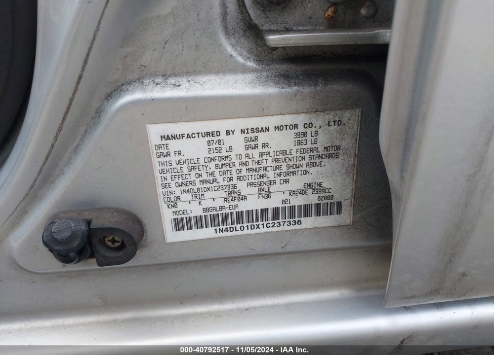 2001 NISSAN ALTIMA GXE VIN: 1N4DL01DX1C237336