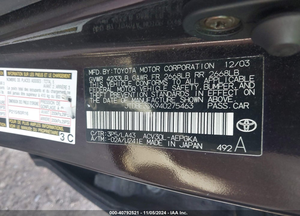 2004 TOYOTA CAMRY XLE VIN: JTDBE32K940275463