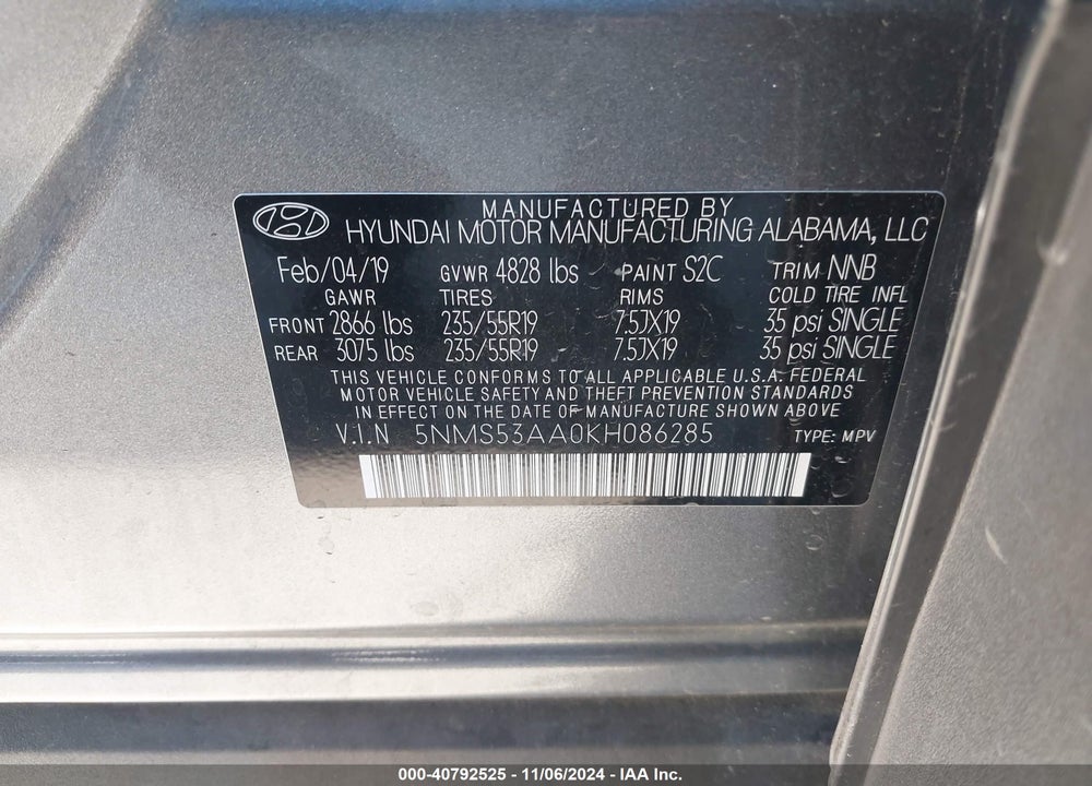2019 HYUNDAI SANTA FE LIMITED 2.0T/ULTIMATE 2.0T VIN: 5NMS53AA0KH086285
