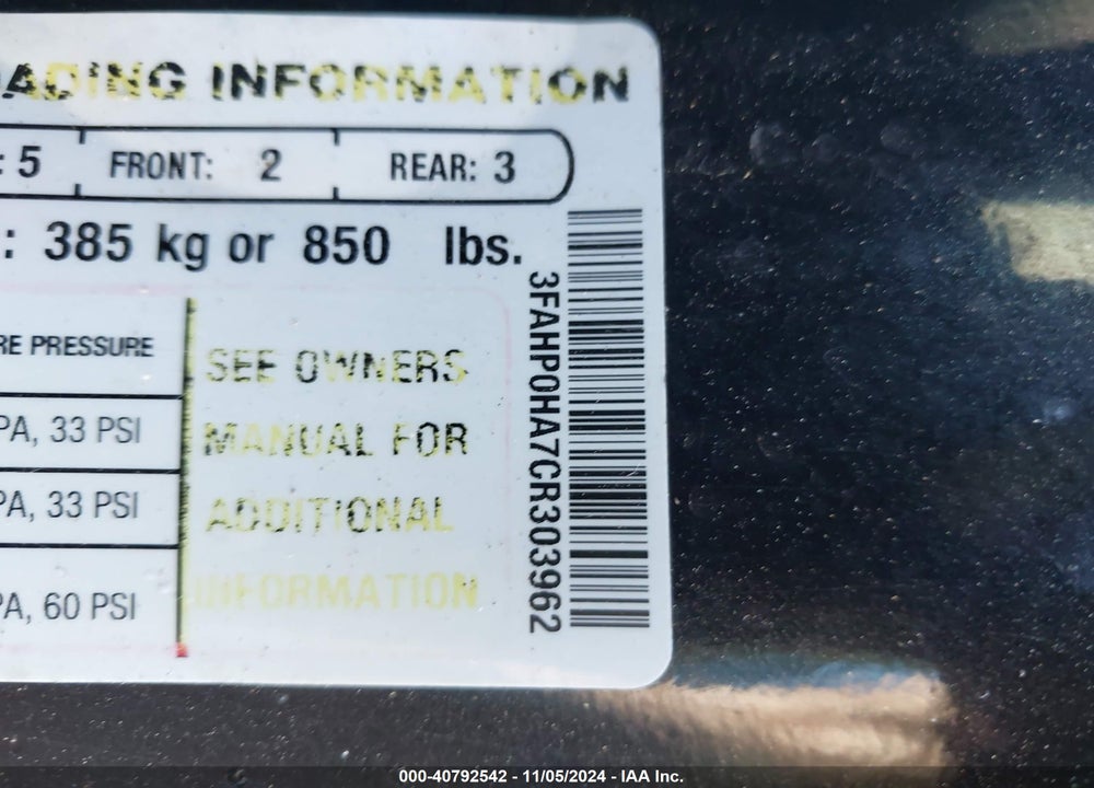 2012 FORD FUSION SE VIN: 3FAHP0HA7CR303962