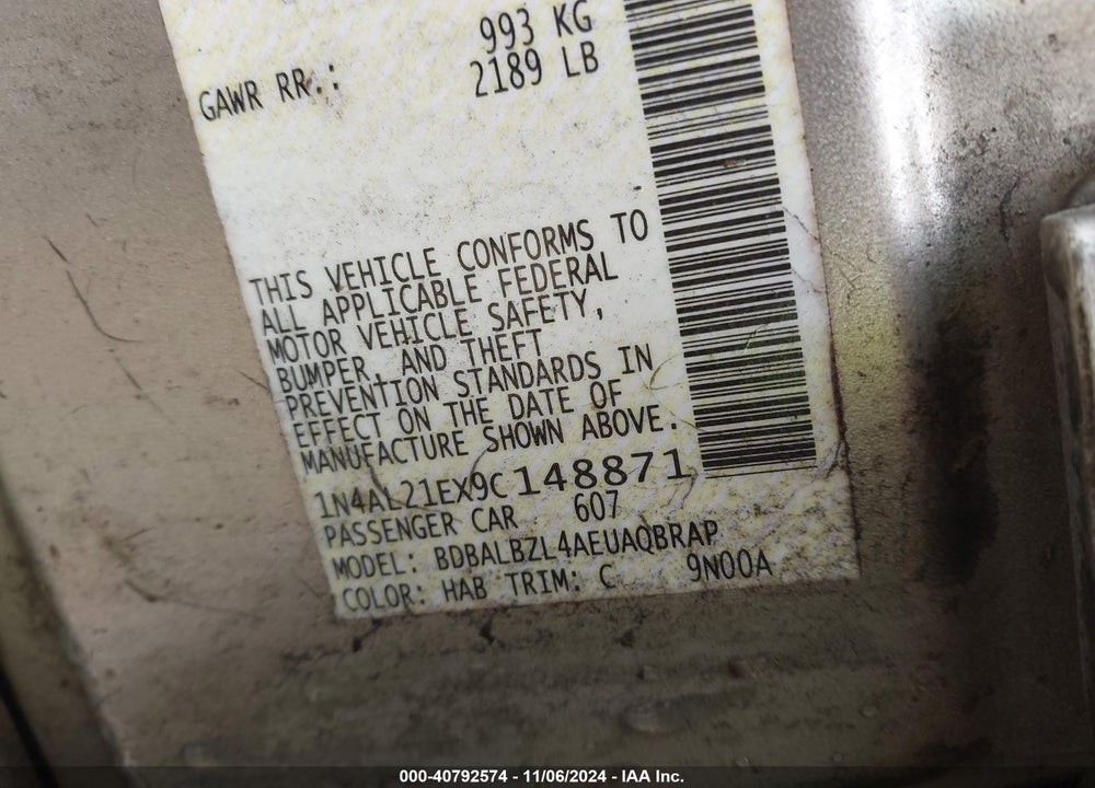 2009 NISSAN ALTIMA 2.5 S VIN: 1N4AL21EX9C148871